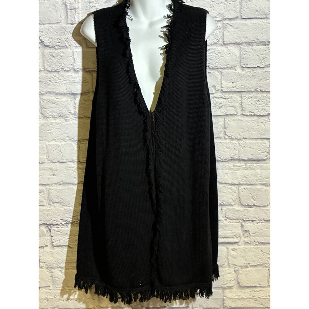 Additions by Chico’s Black Fringe Knit Open Vest Duster Size 2
